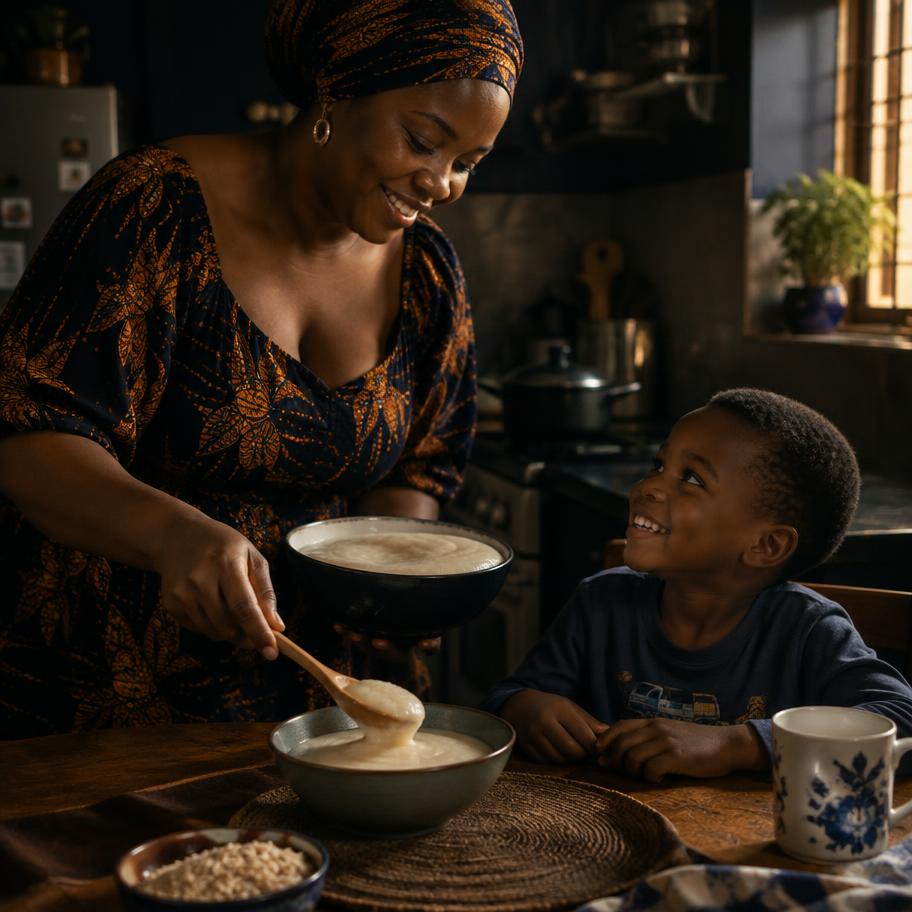 Mother serving breakfast to her child