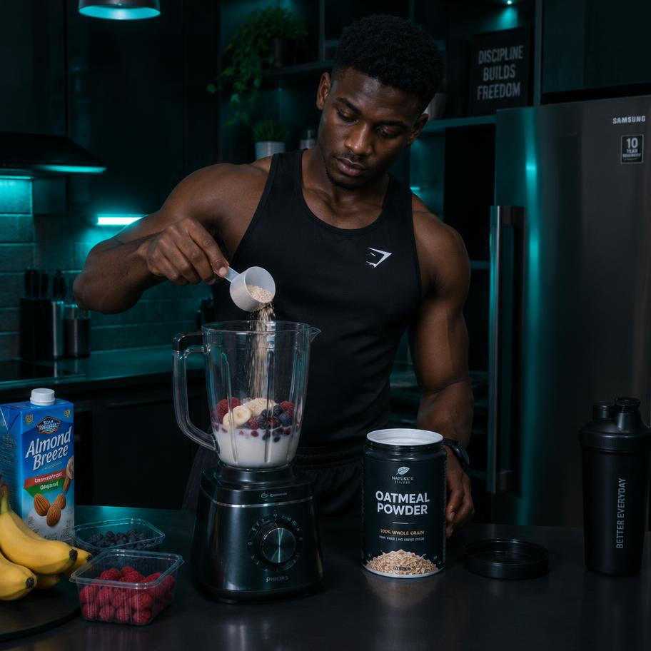 Man adding oatmeal powder to a smoothie