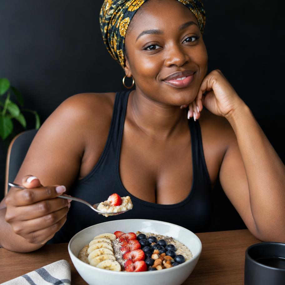 Woman enjoying an oatmeal breakfast bowl